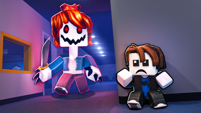 Glowing Nightmare and a crouched Child in a purple hotel corridor
